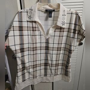 Madison Women's Plaid Blouse - Cream and Brown